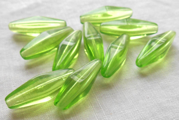 Ten 24 x 9mm Czech glass Peridot Lime Green long lantern tube beads, C5701 - Glorious Glass Beads