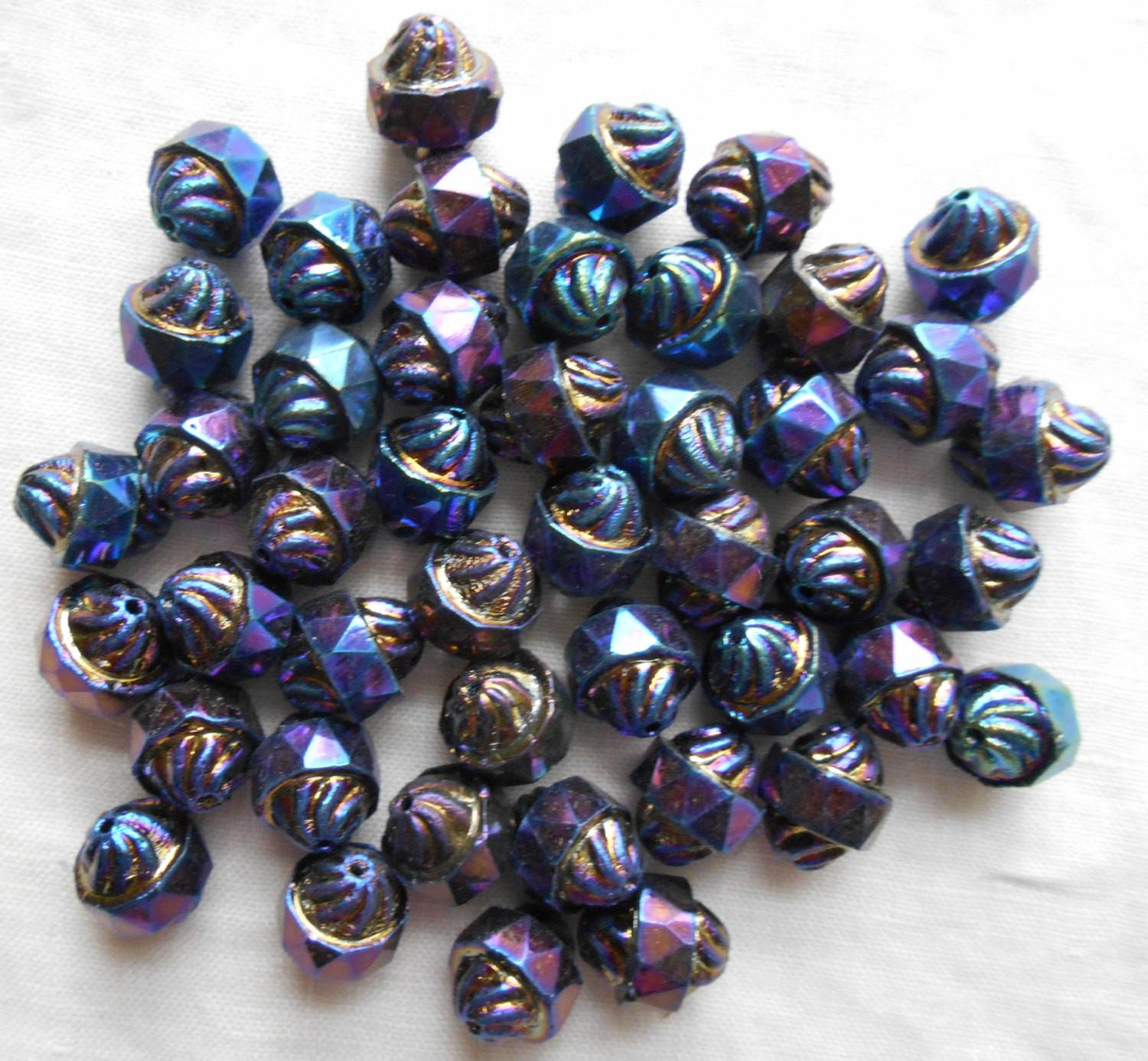 Ten 11 x 10mm Czech Blue Iris turbine, cathedral, saturn beads