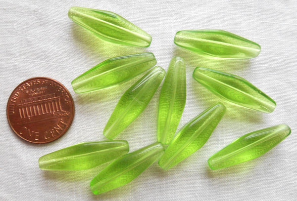 Ten 24 x 9mm Czech glass Peridot Lime Green long lantern tube beads, C5701 - Glorious Glass Beads