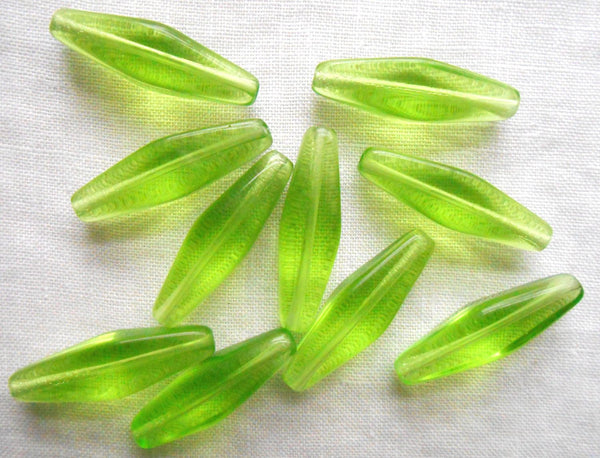 Ten 24 x 9mm Czech glass Peridot Lime Green long lantern tube beads, C5701 - Glorious Glass Beads