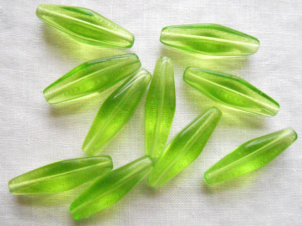 Ten 24 x 9mm Czech glass Peridot Lime Green long lantern tube beads, C5701 - Glorious Glass Beads