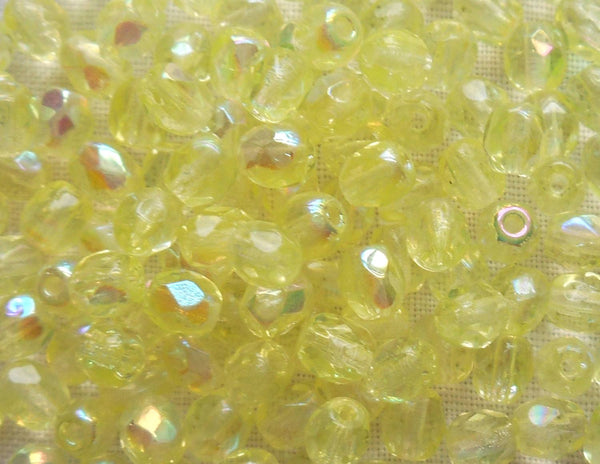 Fifty 4mm Czech glass Jonquil Yellow AB firepolished faceted round glass bead, C2750