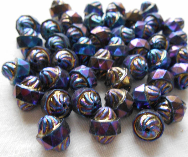 Ten Czech glass multicolored Blue iridescent Iris antique cut turbine, cathedral, saturn beads, 11 x 10mm, C5901 - Glorious Glass Beads