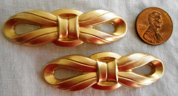 Two large raw brass ribbon bow connectors, pendants, brass stampings, 58mm x 11mm, made in the USA C6401 - Glorious Glass Beads