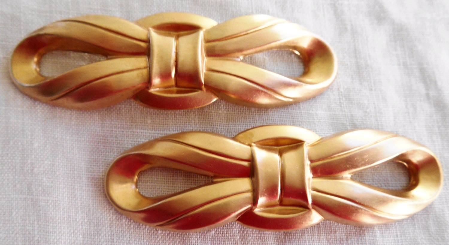 Two large raw brass ribbon bow connectors, pendants, brass stampings, 58mm x 11mm, made in the USA C6401 - Glorious Glass Beads