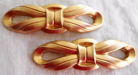 Two large raw brass ribbon bow connectors, pendants, brass stampings, 58mm x 11mm, made in the USA C6401 - Glorious Glass Beads