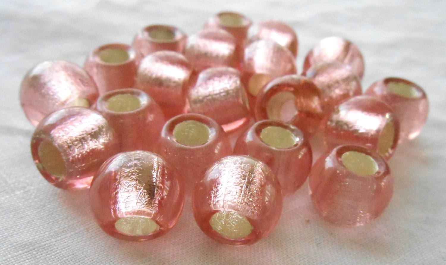 Six large 12mm Pink Silver Lined glass round beads, big 4.5mm holes, C4801 - Glorious Glass Beads