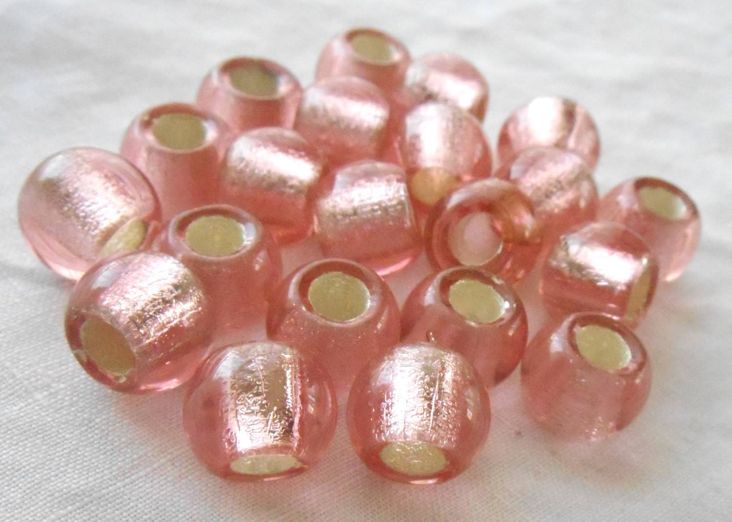 Six large 12mm Pink Silver Lined glass round beads, big 4.5mm holes, C4801 - Glorious Glass Beads