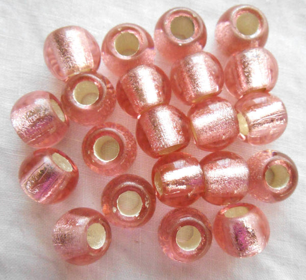Six large 12mm Pink Silver Lined glass round beads, big 4.5mm holes, C4801