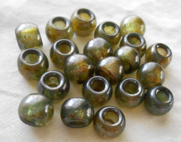 Six lumi Green 12mm rustic glass round beads, big 4.5mm holes, C8406 - Glorious Glass Beads