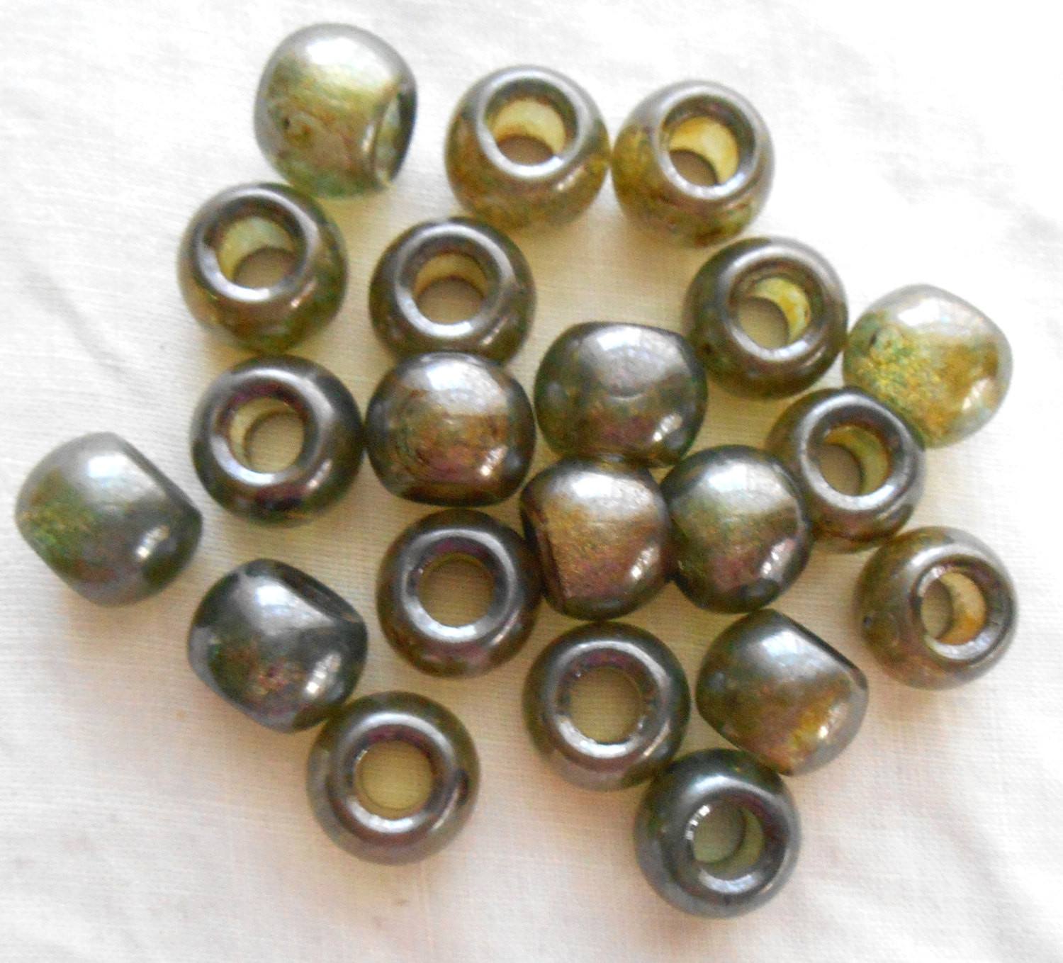 Six lumi Green 12mm rustic glass round beads, big 4.5mm holes, C8406 - Glorious Glass Beads