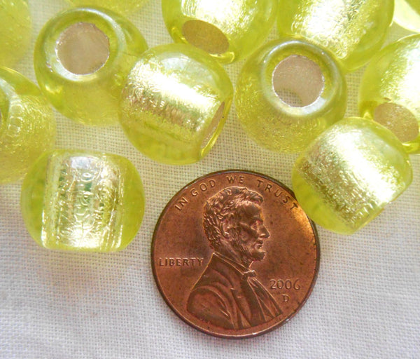 Six round 12mm Yellow Green Jonquil silver lined glass beads, big 4.5mm holes, C2501 - Glorious Glass Beads