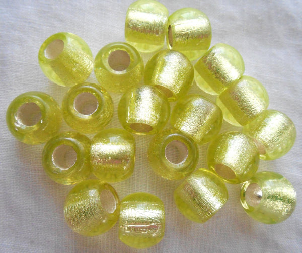 Six round 12mm Yellow Green Jonquil silver lined glass beads, big 4.5mm holes, C2501 - Glorious Glass Beads