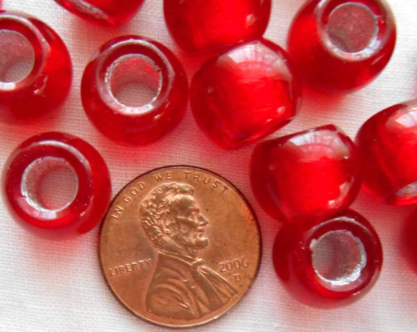 Six Large 12mm Ruby Red Silver Lined glass round big 4.5mm hole beads,  C4801 - Glorious Glass Beads