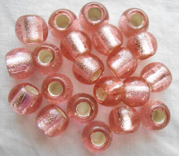 Six large 12mm Pink Silver Lined glass round beads, big 4.5mm holes, C4801 - Glorious Glass Beads