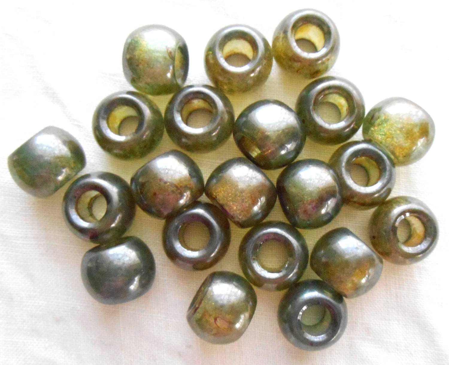 Six lumi Green 12mm rustic glass round beads, big 4.5mm holes, C8406 - Glorious Glass Beads