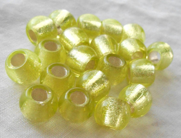 Six round 12mm Yellow Green Jonquil silver lined glass beads, big 4.5mm holes, C2501 - Glorious Glass Beads