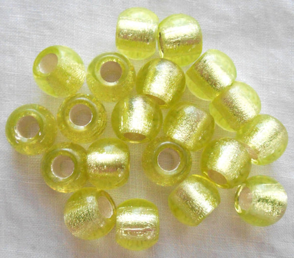 Six round 12mm Yellow Green Jonquil silver lined glass beads, big 4.5mm holes, C2501
