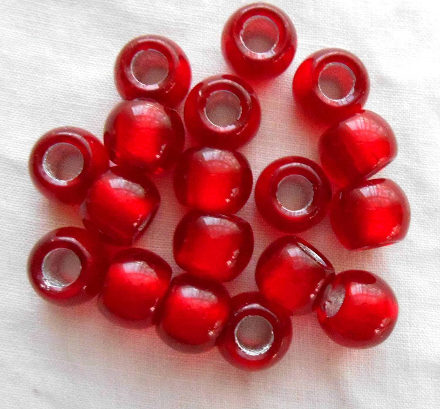 Six Large 12mm Ruby Red Silver Lined glass round big 4.5mm hole beads, C4801