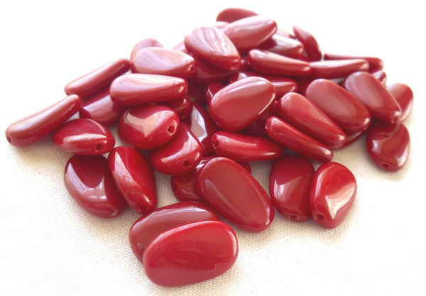 Lot of 25 Blood Red Opaque slightly twisted oval Czech pressed Glass beads, 14mm x 8mm, C3625 - Glorious Glass Beads