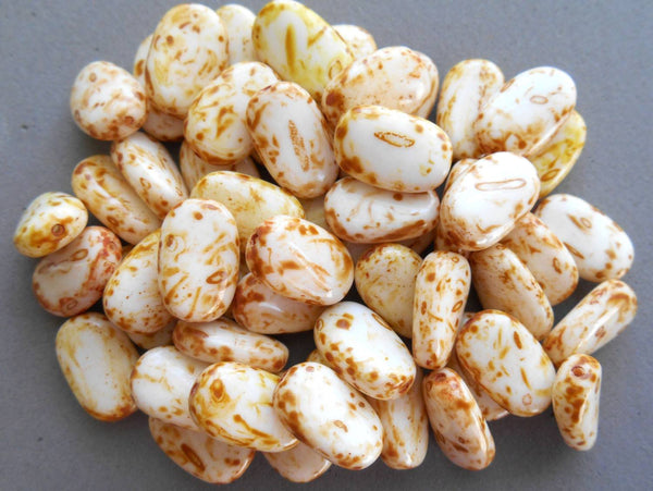 Lot of 25 Butter Pecan White Picasso slightly twisted oval Czech pressed Glass beads, 14mm x 8mm, C3625 - Glorious Glass Beads