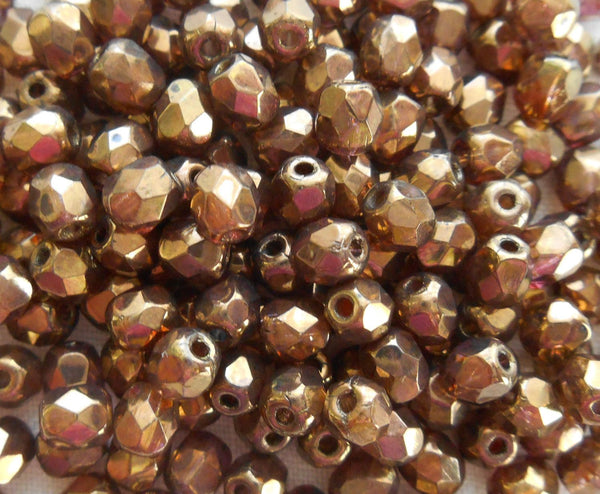 Fifty 4mm Czech glass Lumi Brown Baroque firepolished faceted round beads, C1550