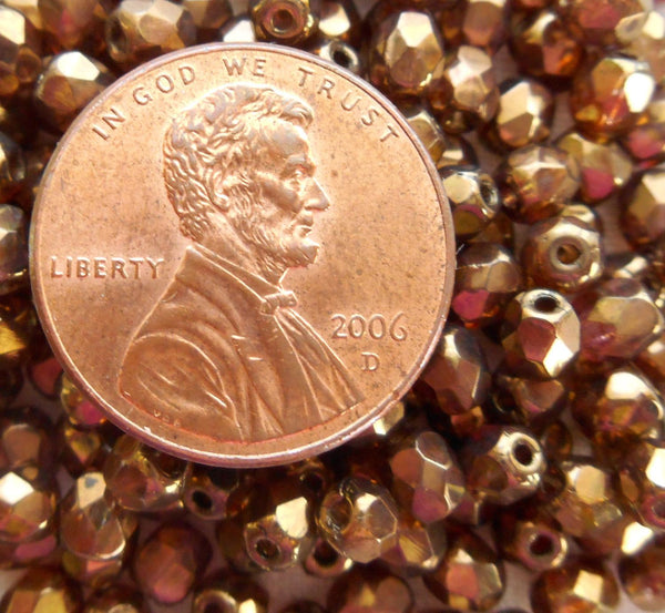 Fifty 4mm Czech glass Lumi Brown Baroque firepolished faceted round beads, C1550 - Glorious Glass Beads