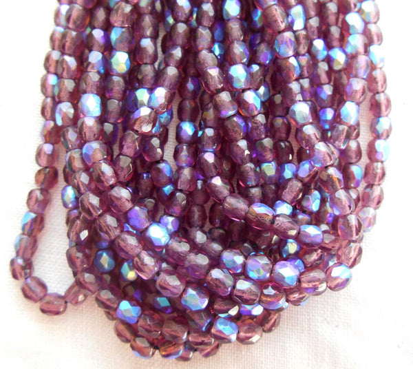 Fifty 3mm Amethyst,  AB Czech glass firepolished faceted round beads, C7450