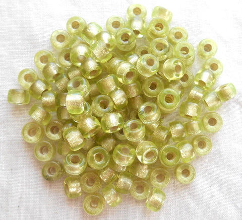 Fifty 6mm Czech Jonquil yellow green silver lined glass pony roller beads, large hole crow beads, C1350 - Glorious Glass Beads