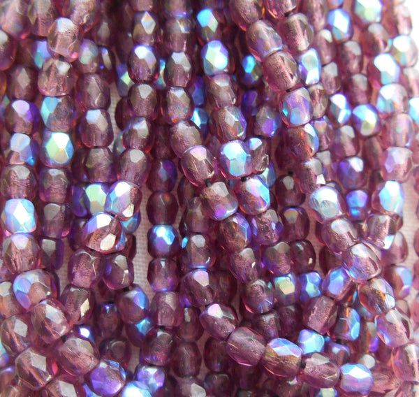 Fifty 3mm Amethyst,  AB Czech glass firepolished faceted round beads, C7450 - Glorious Glass Beads
