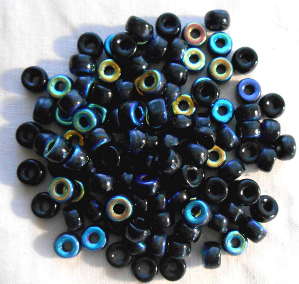 Fifty 6mm Czech Jet Black AB glass pony roller beads, large hole crow beads, C1450