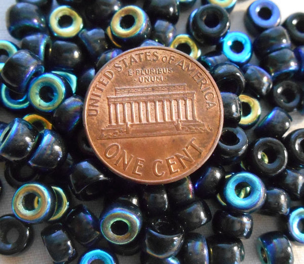 Fifty 6mm Czech Jet Black AB glass pony roller beads, large hole crow beads, C1450 - Glorious Glass Beads