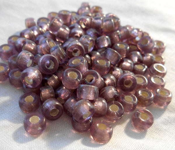 Fifty 6mm Light Amethyst, Silver Lined glass pony roller beads, large hole crow beads, C1350 - Glorious Glass Beads