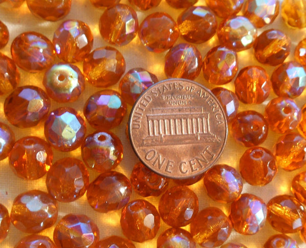 Lot of 25 8mm Amber AB, faceted round firepolished glass beads, C7725 - Glorious Glass Beads