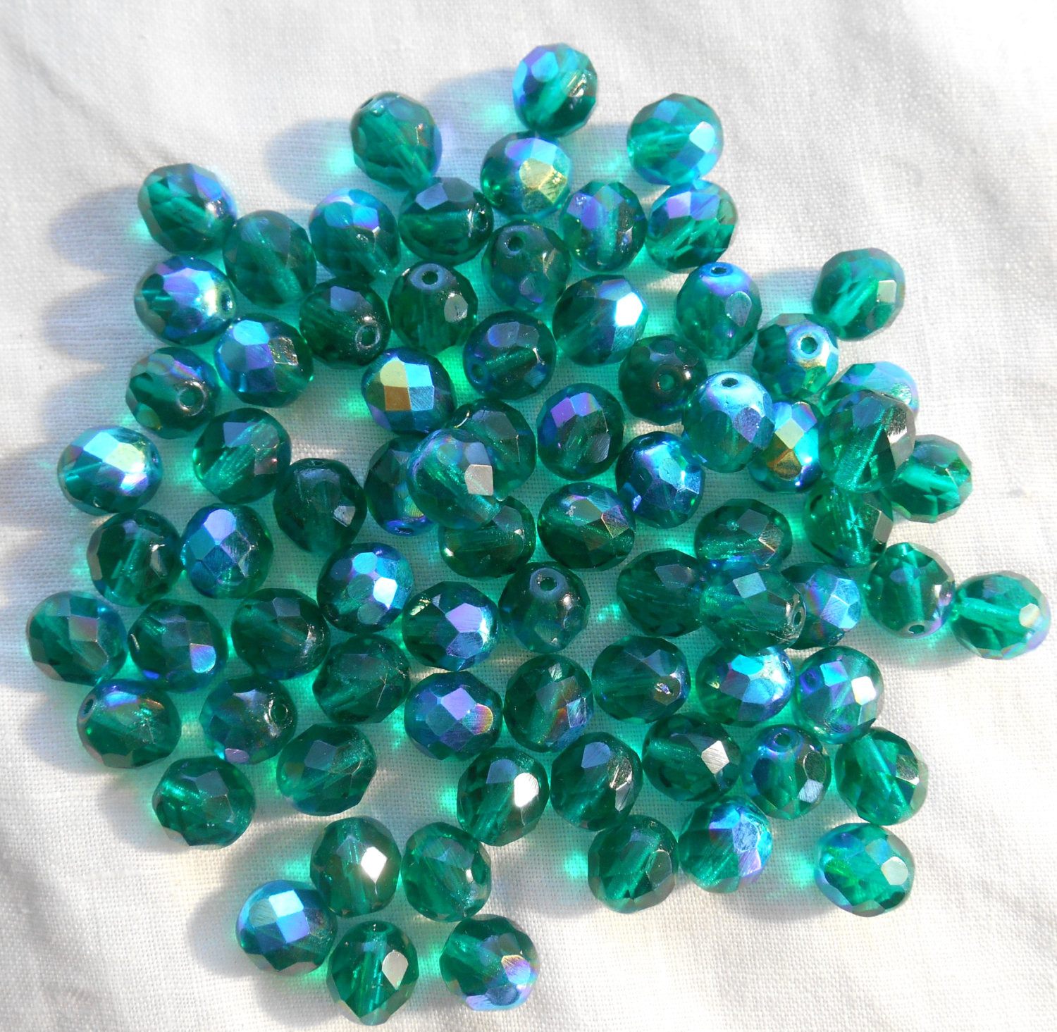 Lot of 25 8mm Teal AB faceted round firepolished glass beads, C5625 - Glorious Glass Beads
