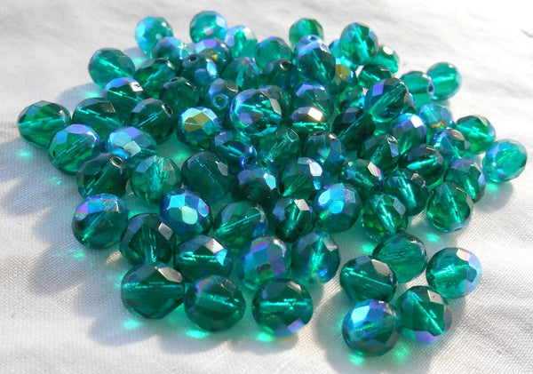 Lot of 25 8mm Teal AB faceted round firepolished glass beads, C5625 - Glorious Glass Beads