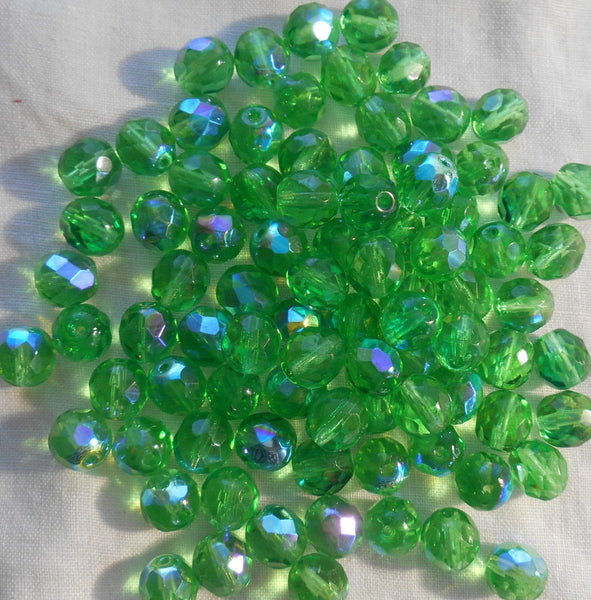 Lot of 25 8mm Mint Green AB, faceted round firepolished glass beads, C2525 - Glorious Glass Beads
