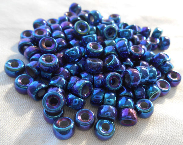 Fifty 6mm Czech Blue Iris iridescent glass pony roller beads, large hole crow beads, C7450 - Glorious Glass Beads