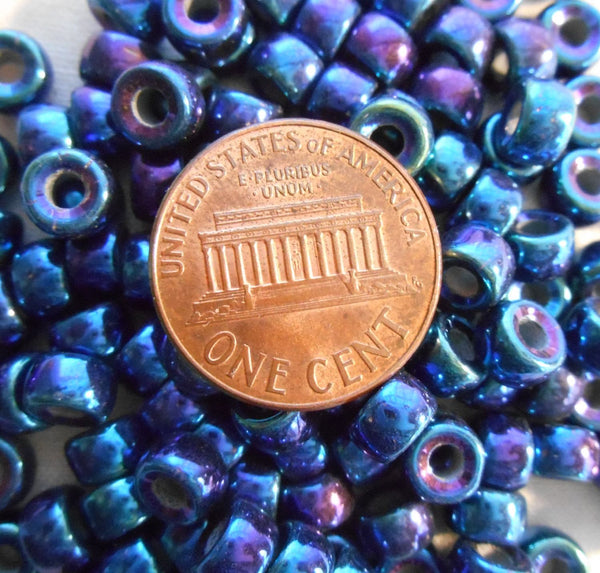 Fifty 6mm Czech Blue Iris iridescent glass pony roller beads, large hole crow beads, C7450 - Glorious Glass Beads