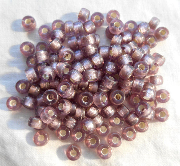 Fifty 6mm Light Amethyst, Silver Lined glass pony roller beads, large hole crow beads, C1350