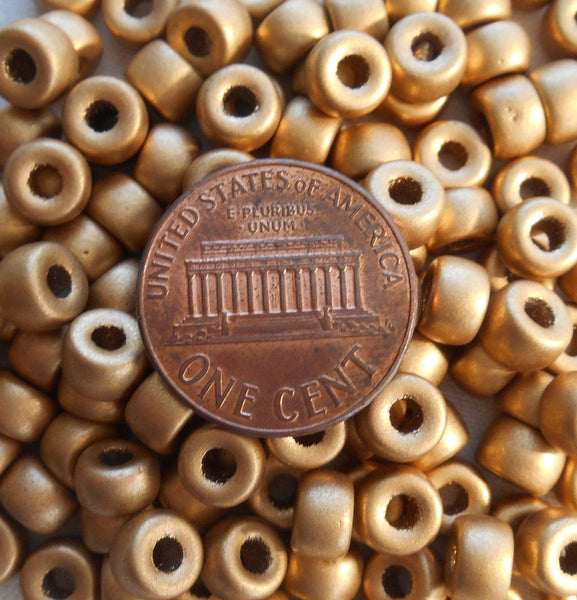 Fifty 6mm Czech Matte Metallic Gold glass pony roller beads, large hole crow beads, C6550 - Glorious Glass Beads