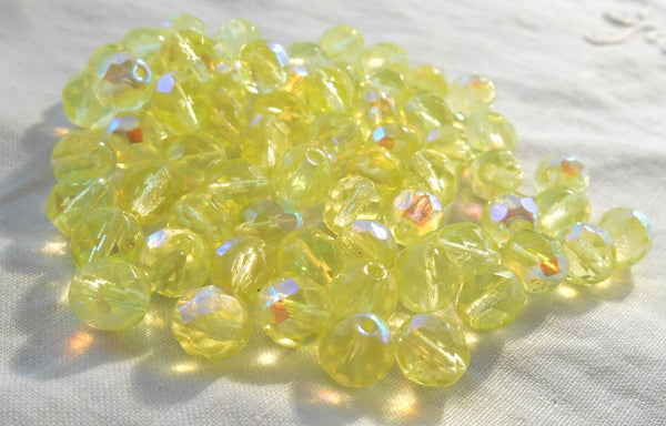 Lot of 25 8mm Jonquil Yellow AB faceted round firepolished glass beads, C7825 - Glorious Glass Beads