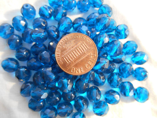 Lot of 25 8mm Capri Blue faceted round firepolished glass beads, C4625 - Glorious Glass Beads