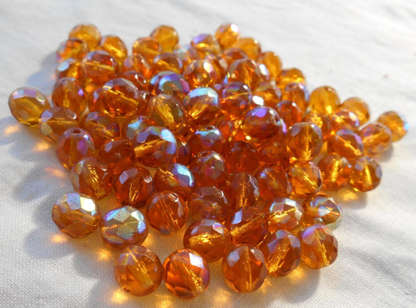 Lot of 25 8mm Amber AB, faceted round firepolished glass beads, C7725 - Glorious Glass Beads