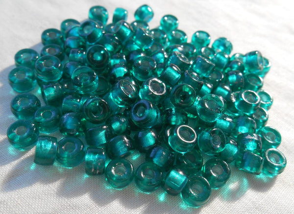 Fifty 6mm Czech Teal, Silver Lined glass pony roller beads, large hole crow beads, C6450 - Glorious Glass Beads