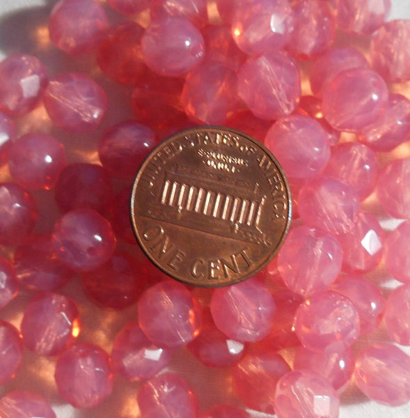Lot of 25 8mm Czech Milky Rose Opal, round faceted firepolished glass beads, C00125 - Glorious Glass Beads