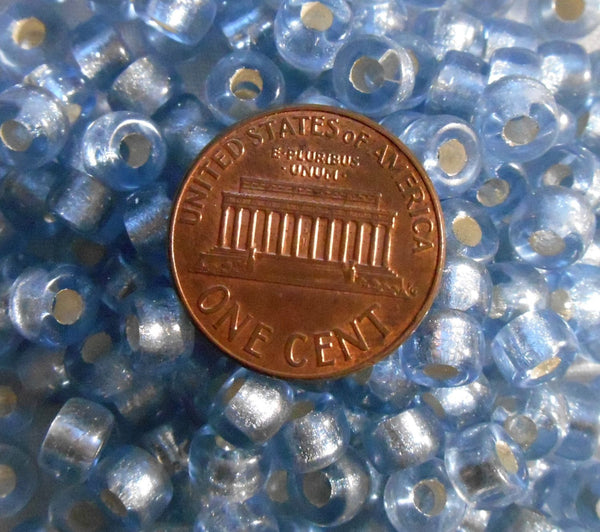 Fifty 6mm Czech Light Sapphire Blue Silver Lined glass pony roller beads, large hole crow beads, C1350 - Glorious Glass Beads