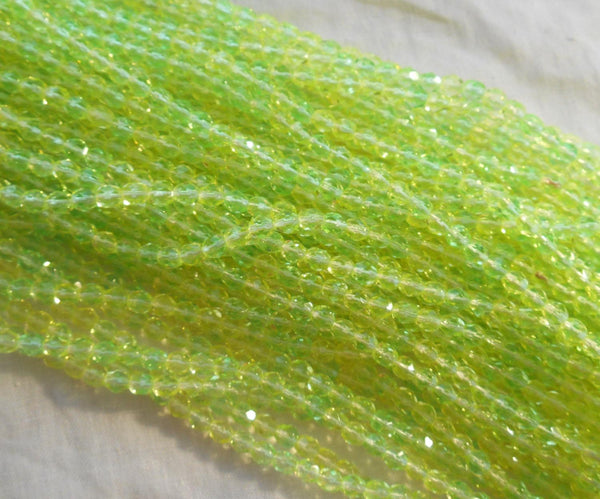 Fifty 4mm Czech Jonquil Green glass round faceted firepolished beads, C8550