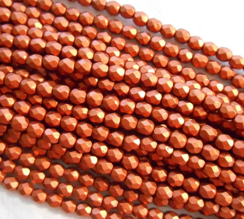 Fifty 4mm Matte Metallic Antique Copper Czech glass firepolished, faceted round beads, C5550 - Glorious Glass Beads