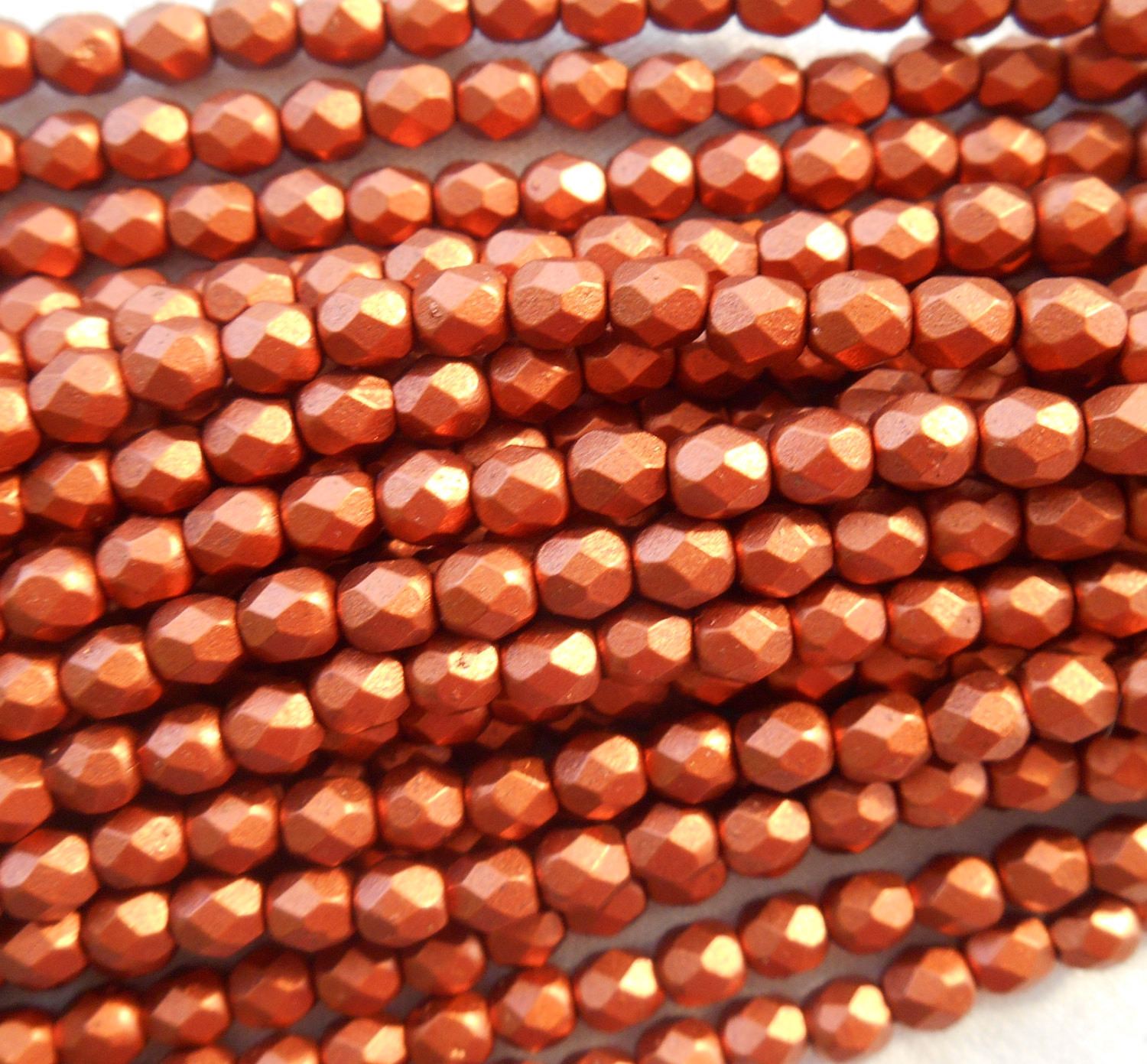 Fifty 4mm Matte Metallic Antique Copper Czech glass firepolished, faceted round beads, C5550 - Glorious Glass Beads